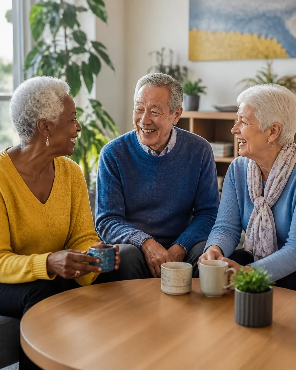 Three older adults smiling together in a community setting